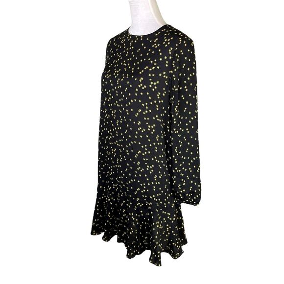 Theory Black & Yellow Star Print Silk Long Sleeve Flare Mini Dress - Picture 5 of 14